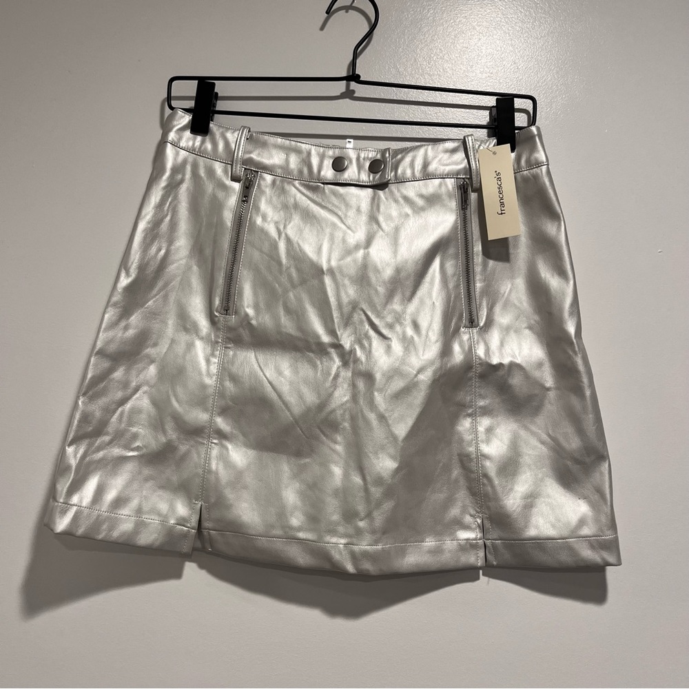 NWT Alya Francesca’s Silver Double Sip Faux Leather Mini Skirt Size Medium